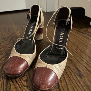 Vintage 1990s Prada Women's Two Tone Mary Jane Leather Heels 36.5